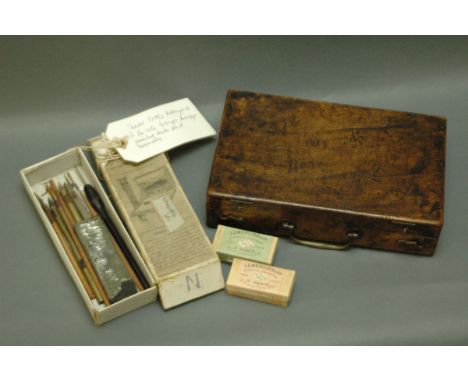 * George Edward Lodge's artists box, carved to the top "G.E. Lodge", opening to show palette, brushes, etc., also lithographi