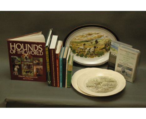 Eight books, two videos and plates to include Spode, hunting, dog training, etc. 