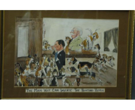 John William Wilkinson (Wilk) 1906-1994, watercolour cartoon, "The Man Whot Can Imitate the Hunting Horn" depicting man at ba