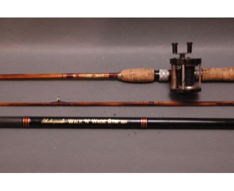 A Conqueror by Horrocks & Ibbotson split cane spinning rod, 2 sections, 5', fitted with a Bakelite multiplying reel and with 