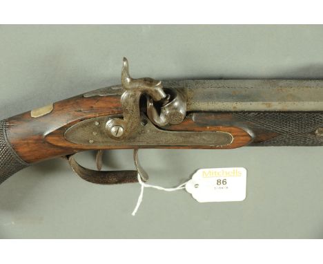 A percussion musket with heavy gauge hexagonal barrel with 6 groove rifling, barrel 30", lock with foliate engraving, pistol 