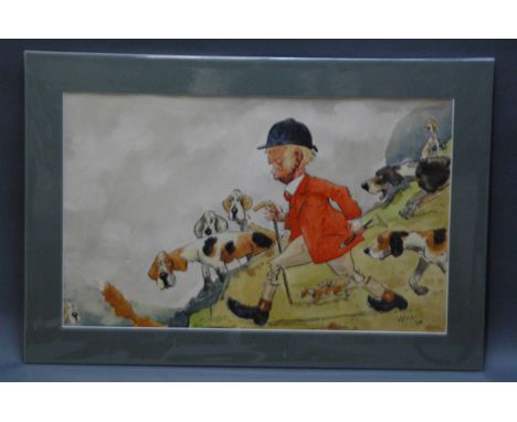John William Wilkinson (Wilk 1906-1994), watercolour cartoon, depicting a huntsman with foxhounds, terriers and fox, signed a
