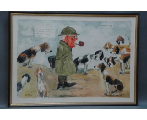 John William Wilkinson (Wilk 1906-1994), watercolour cartoon, "Opening Hunt 1976" with hound talking "This is the man that wo