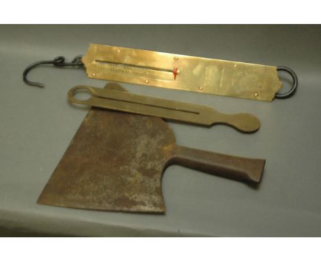 A large axe forged from a single piece of metal, blade length +/- 7", height 26 cm, a Salters No. 2 scale dated 1941 and stam