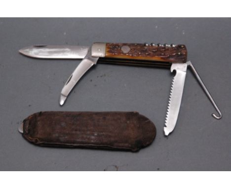 A Puma Universal 959 pocket knife, with five tools, stag antler scales, with silver coloured lozenge stamped "800", with leat