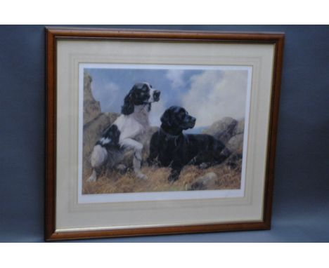John Trickett a signed Limited Edition print, 447/850, black labrador and spaniel.  34 cm x 46 cm, framed, mounted. 