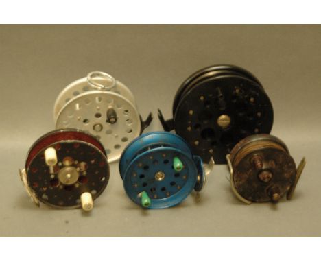 5 centre pin reels, to include a black and red K. Dowling & Sons Angler Scout 8-80 and a Bakelite ELO.