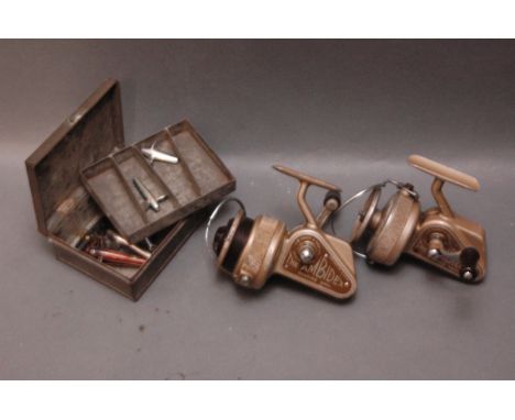 2 J.W. Young The Ambidex casting reels and a vintage 2 tier tin containing Devon minnows.  