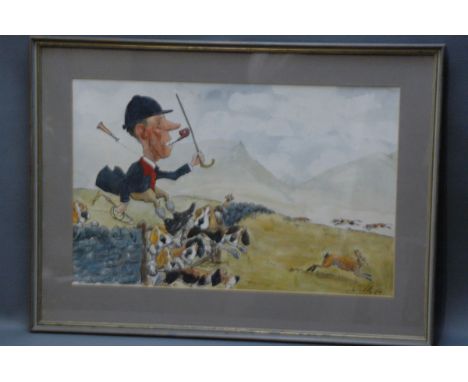 John William Wilkinson (Wilk 1906-1994), watercolour cartoon, depicting huntsmen and beagles leaping a fence and chasing a ha