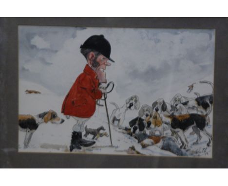 John William Wilkinson (Wilk 1906-1994), watercolour cartoon, snow scene depicting Johnny Richardson and The Blencathra Foxho