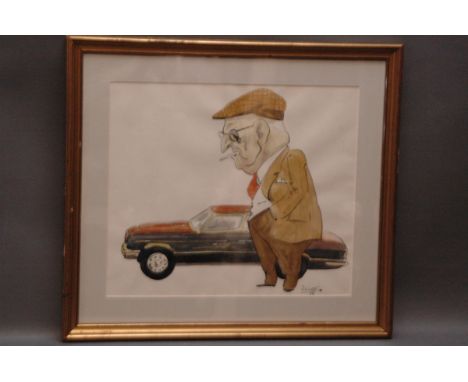 John William Wilkinson (Wilk 1906-1994), watercolour cartoon, depicting Bob Furness a Keswick taxi driver.  32 cm x 37 cm, fr