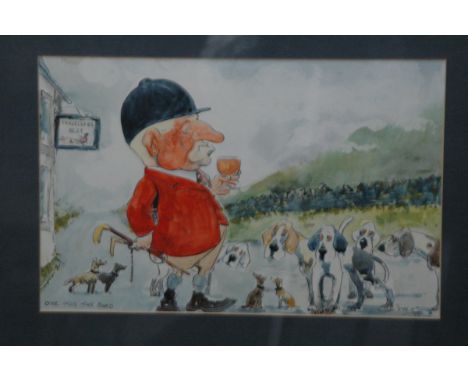 John William Wilkinson (Wilk 1906-1994), watercolour cartoon, "One For The Road" depicting Joe Weir and The Ullswater Foxhoun