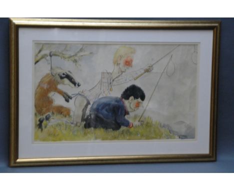 John William Wilkinson (Wilk 1906-1994), watercolour cartoon, "The Boggart Hunters".  29 cm x 50 cm, signed and dated 1981, f