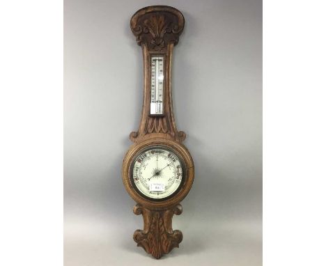 OAK CARVED ANEROID BAROMETER,along with a circular barometer by Lennie, Edinburgh (2)