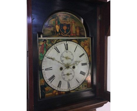 VICTORIAN EIGHT DAY LONGCASE CLOCK,mahogany cased, the hood with architectural pediment, the painted dial featuring two figur