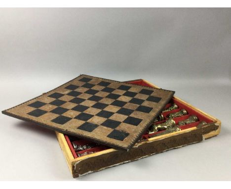 CAST METAL FIGURAL CHESS SET,with leather board