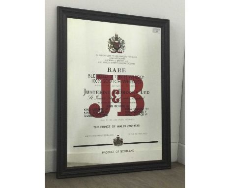 REPRODUCTION PUB MIRROR,Justerini &amp; Brooke Ltd Rare Blended Scotch Whisky, 68cm x 52.5cm overall size