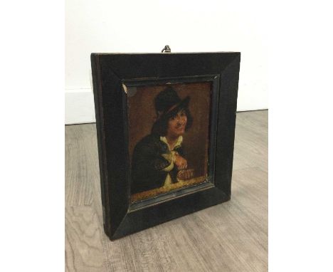SMALL 19TH CENTURY OIL PORTRAIT OF A MAN IN A HAT,14cm x 12cm