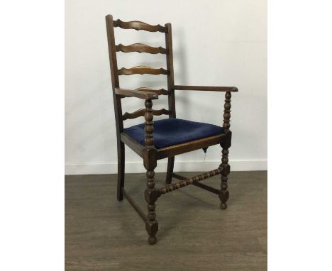 OAK LADDER BACK CHAIR,108cm high, along with two walnut armchairs (3)
