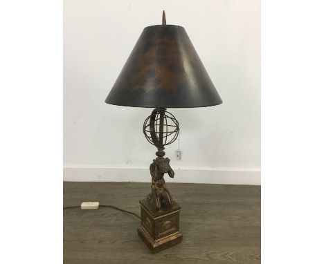 BRONZED COMPOSITION FIGURAL TABLE LAMP,modelled in the form of Atlas, with shade, 81cm high overall