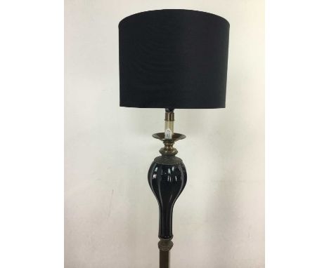 BRASS LACQUERED AND CERAMIC STANDARD LAMP,with stepped square base and black fabric shade, 177cm high overall