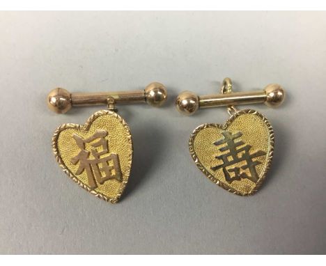SET OF CHINESE YELLOW METAL CUFFLINKS.bearing characters, and a set of four studs, all stamped '18', together with a bar broo