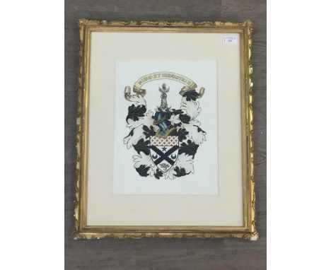 HAND-PAINTED COAT OF ARMS,with motto 'Fide et Industria'overall size 60cm x 48cm Mounted, framed and under glass.
