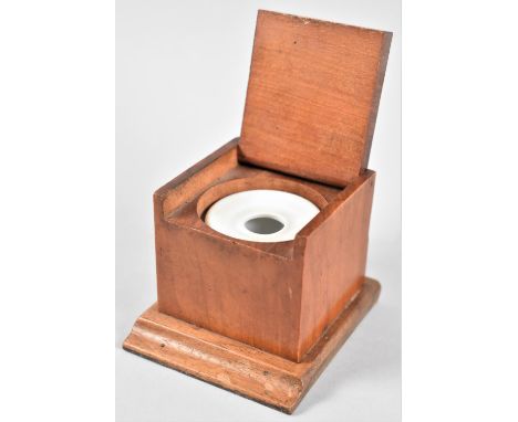 A Late Victorian/Edwardian Mahogany Cased Desktop Inkwell with Ceramic Liner, Hinged Lid, 7.5cm Wide 