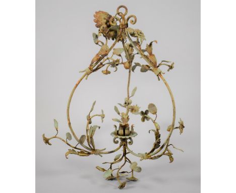 A Vintage Painted Metal Ceiling Light Fitting with Floral and Leaf Mounts to Three Scrolled Supports, 56cm High 
