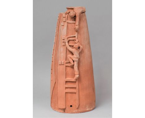 A Modern Studio Pottery Terracotta Table Lamp Base in the Form of Figures Climbing Ladder to Top of Chimney, 36cm high 