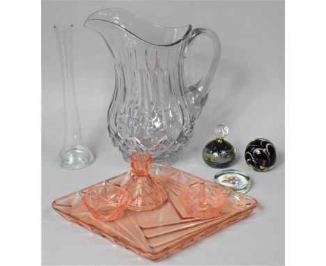 A Large Moulded Glass Pitcher together with Various Other Glassware to include Paperweights Etc 