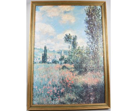 A Gilt Framed Monet Print of Church in Landscape, 59.5x41cm 