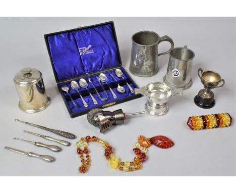 A Collection of Various Metawares to comprise Tankards, Silver Handled Button Hook, Silver Handled Item, Optic, Amber Style B