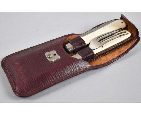 A German Officers Canteen Set to Comprise Folding Fork with Corkscrew Together with Folding Knife, Housed in Moroccan Leather