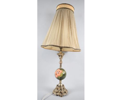 A Brass and Ceramic Table Lamp and Shade, Support with Moorcroft Style Globe 