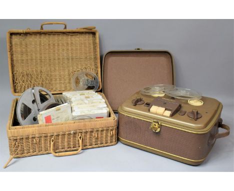 A Vintage Grundig TK5 Reel-Reel Tape Recorder with Wicker Basket Containing Audio Tapes 