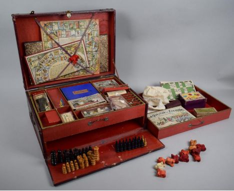 An Early 20th Century French Games Compediam "Jeux Reunis" Having Brass Studded and Cornered Simulated Morocco Box with Two D