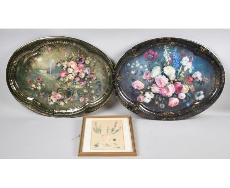 Two Decorated Trays, English Garden Flowers and Chatsworth, Together with a Botanic Print 