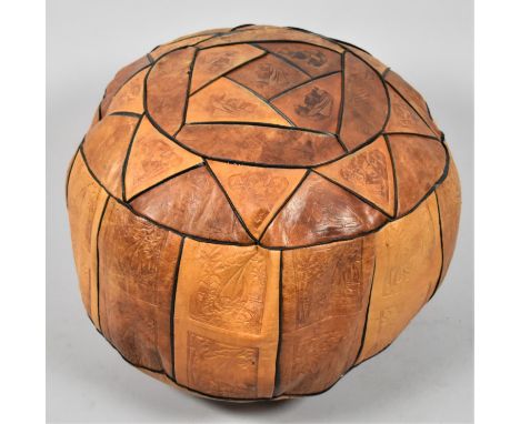A Mid 20th Century Panelled Leather Pouffe With Tooled Leather Decoration Depicting Egyptian Scenes and Figures, 42cm Diamete