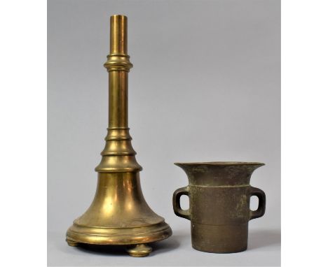 A Brass Two Handled Mortar and a Weighted Brass Table Lamp Base 