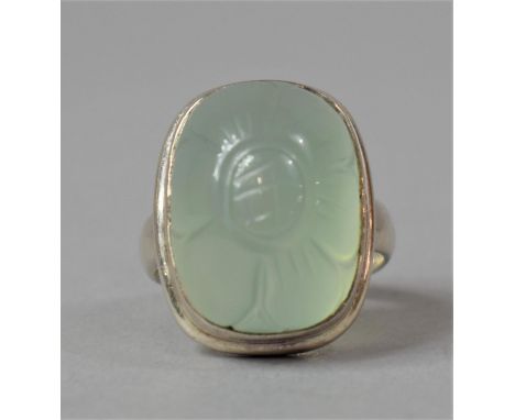 A Vintage Chinese Export Ring Having Large Carved Jade Cabochon in the Form of a Flower, Size N 