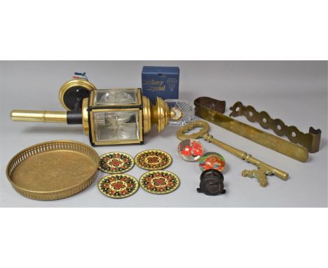 A Reproduction Wall Mounting Trap Lamp, Glass Paper Weight, Large Brass Key etc 
