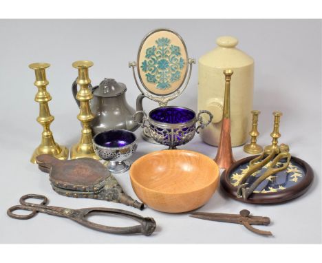 A Collection of Various Metawares to comprise Brass Candlesticks, Teapot, Brass and Iron Fire Items, Brass and Copper Horn, T