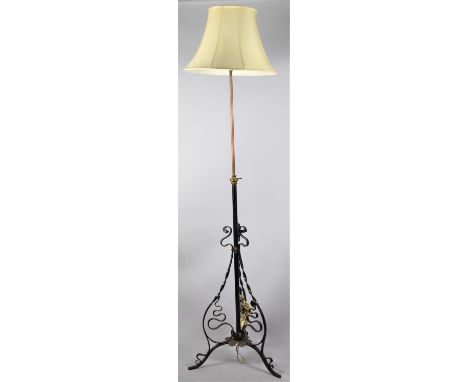 A Late Victorian/Edwardian Brass Mounted Wrought Iron Tripod Oil Lamp Stand Now Converted to Electricity 