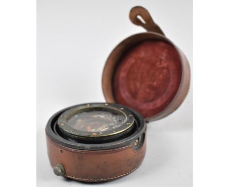 A Late 19th/Early 20th Century Leather Cased Brass Circular Gimballed Pocket Compass, Probably Military and Perhaps WWI, 9cm 