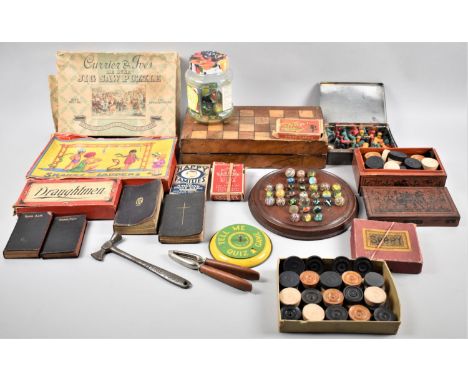 A Collection of Various Vintage Games to Include Folding Wooden Chess Board, Mahogany Solitaire Board, Snake and Ladders, Dra