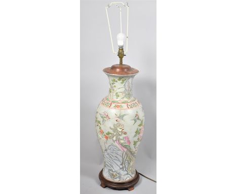 A Late 20th Century Large Oriental Lamp Formed From Vase Decorated with Birds and Flowers, No Shade, Vase 65cm high 