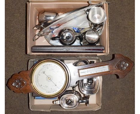 A quantity of silver plated items, including a horn handled carving set by Allen Darwin, Sheffield, cutlery, teaset, oak aner