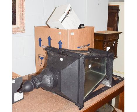 An early 20th century large outdoor lantern, with attached iron bracket, together with other lighting, including two other ha