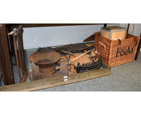 Various items, to include: a brass standard lamp, a modern silvered mirror, a Fortnum &amp; Mason wicker hamper, fire element